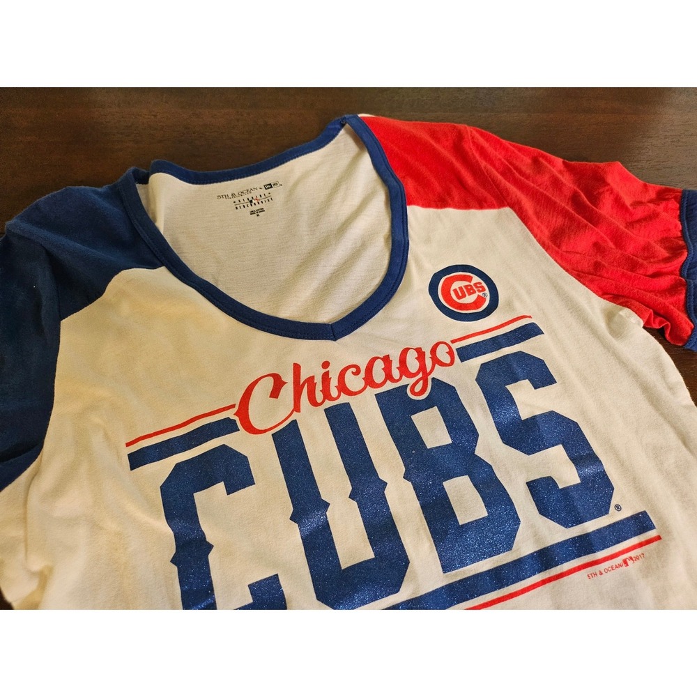 5th & Ocean T-Shirt Women XL White Blue Red Chicago Cubs MLB Colorblock Glitter